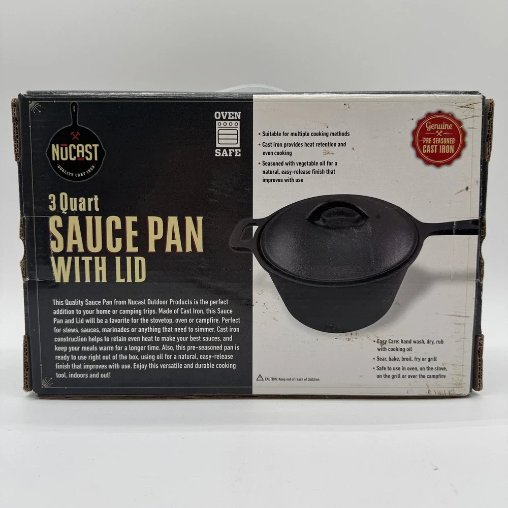 NuCast 3 Quart Cast Iron Sauce Pan With Lid Pre-Seasoned Oven Campfire Cookware